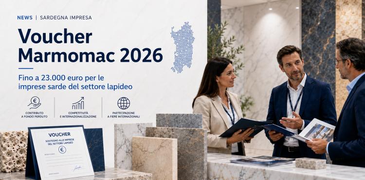 La Regione Sardegna concede voucher fino a 23.000 euro alle imprese sarde del settore lapideo per partecipare a Marmomac 2026, fiera internazionale in programma a Verona dal 22 al 25 settembre 2026. Il contributo sostiene costi di partecipazione, stand, viaggio, soggiorno, spedizione materiali e interpreti.